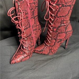 Fashion Nova Red Snake Print Lace-Up Ankle Boots